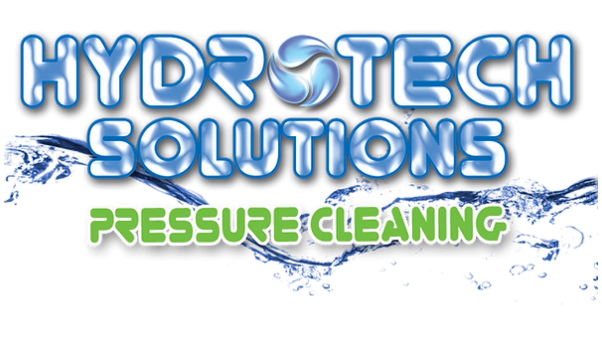 Logo for Hydrotech Solutions Pressure Cleaning: Blue and green text over water background.