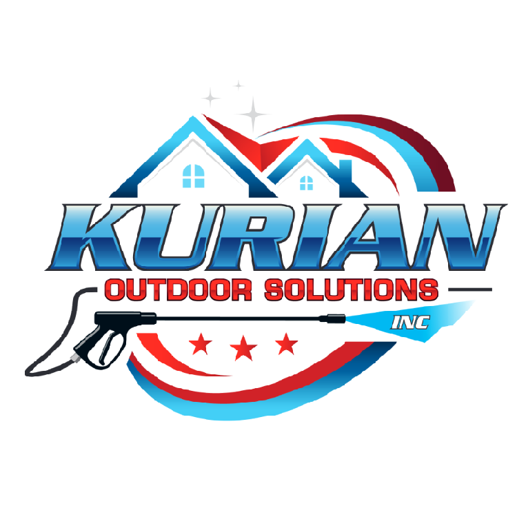 Logo for Kurian Outdoor Solutions, with a house, pressure washer, and red, white, and blue color scheme.