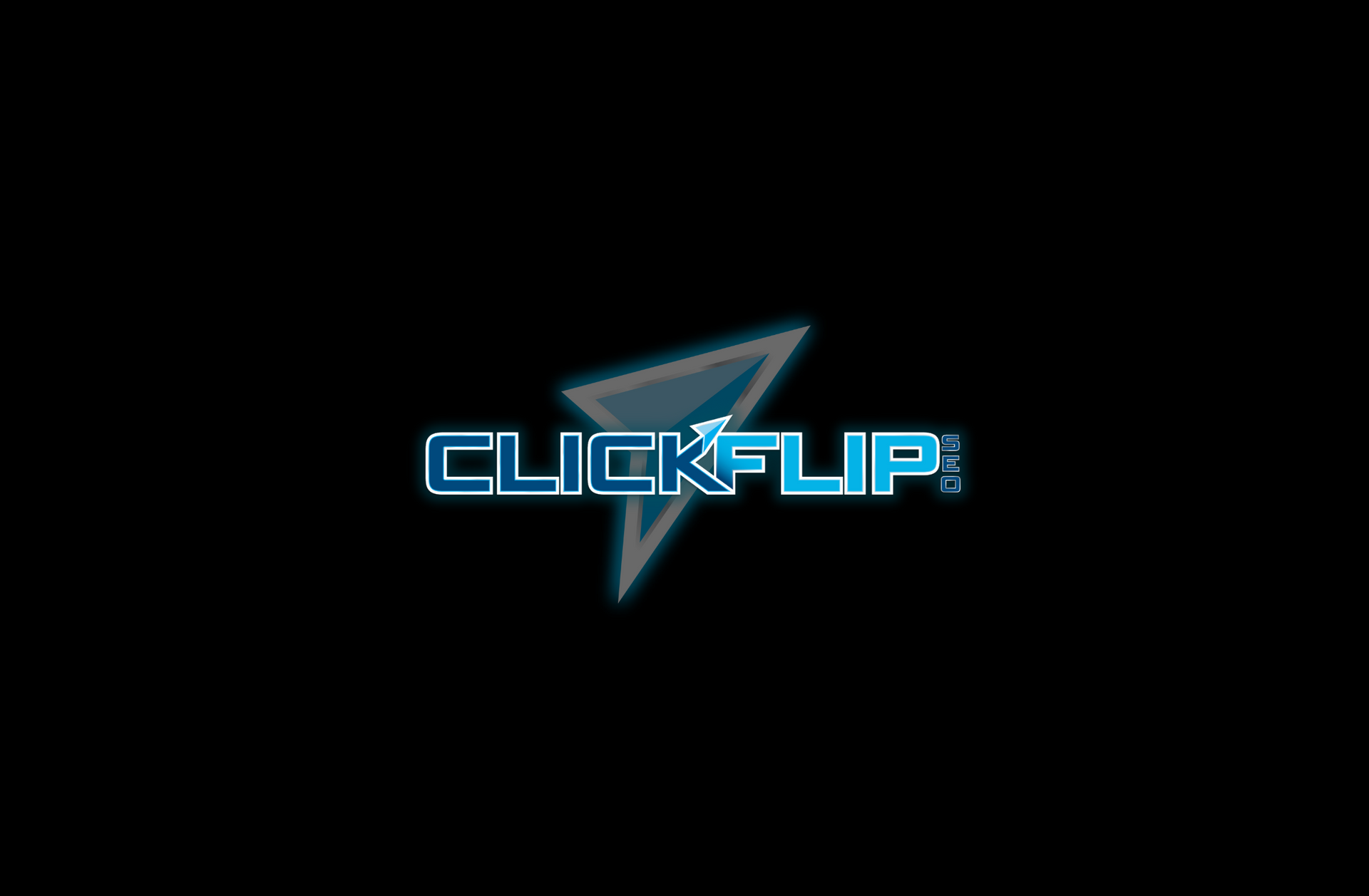 ClickFlip logo with stylized blue text and a blue triangle shape against a black background.