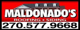 The logo for maldonado 's roofing and siding has a picture of a house on it.