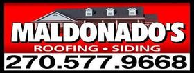 The logo for maldonado 's roofing and siding has a picture of a house on it.