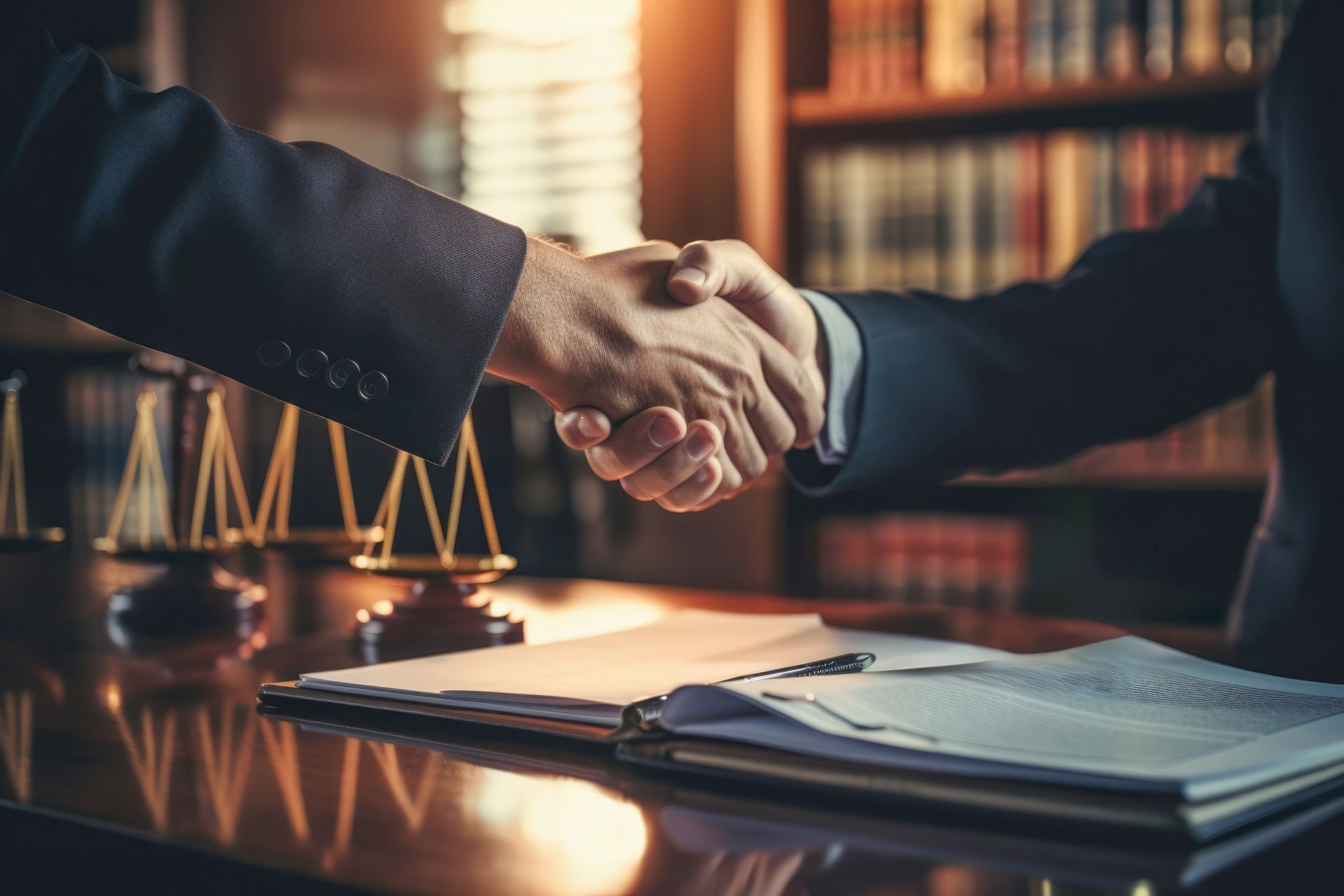 Two people shaking hands over a contract in an attorney's office, scales of justice visible.