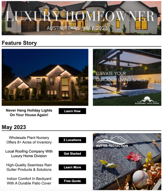 a luxury homeowner newsletter for may 2022 with a picture of a house and a baseball .