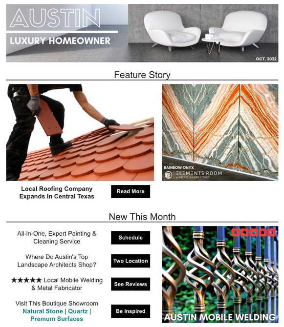 an austin luxury homeowner newsletter with a picture of a person on a roof