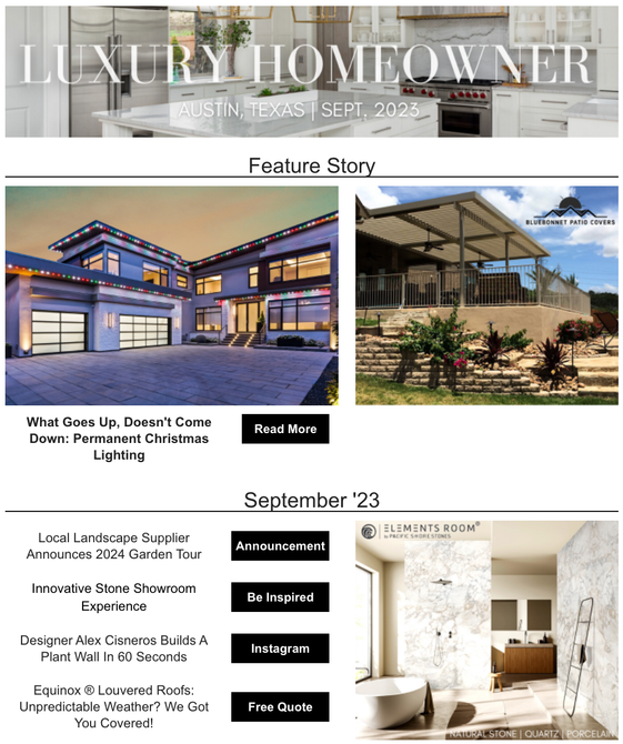 a luxury homeowner magazine with a picture of a house and a picture of a bathroom .