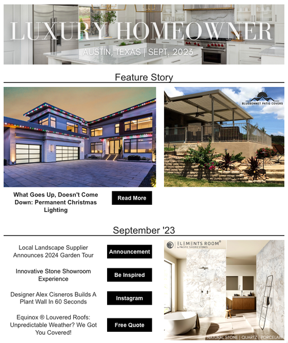 a luxury homeowner newsletter with a picture of a house and a picture of a bathroom .