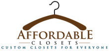 Logo for Affordable Closets with a brown hanger icon above the text "AFFORDABLE CLOSETS: CUSTOM CLOSETS FOR EVERYONE."