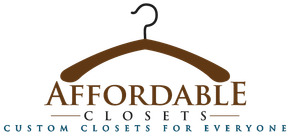 Logo for Affordable Closets with a brown hanger icon above the text "AFFORDABLE CLOSETS: CUSTOM CLOSETS FOR EVERYONE."