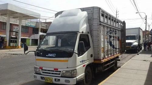 Un camión blanco está estacionado al costado de la carretera frente a una gasolinera.
