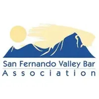 Logo for San Fernando Valley Bar Association featuring a dark blue mountain silhouette and a pale yellow sun.
