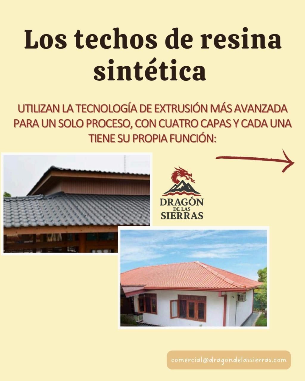 Anuncio de cubiertas de resina sintética, mostrando dos ejemplos de cubierta y el logo