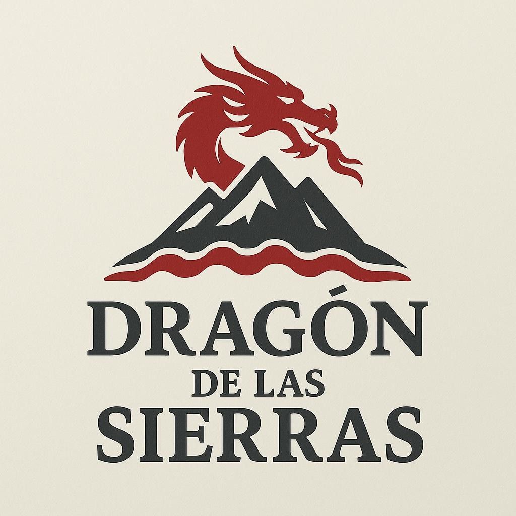 Red dragon over a mountain logo with text