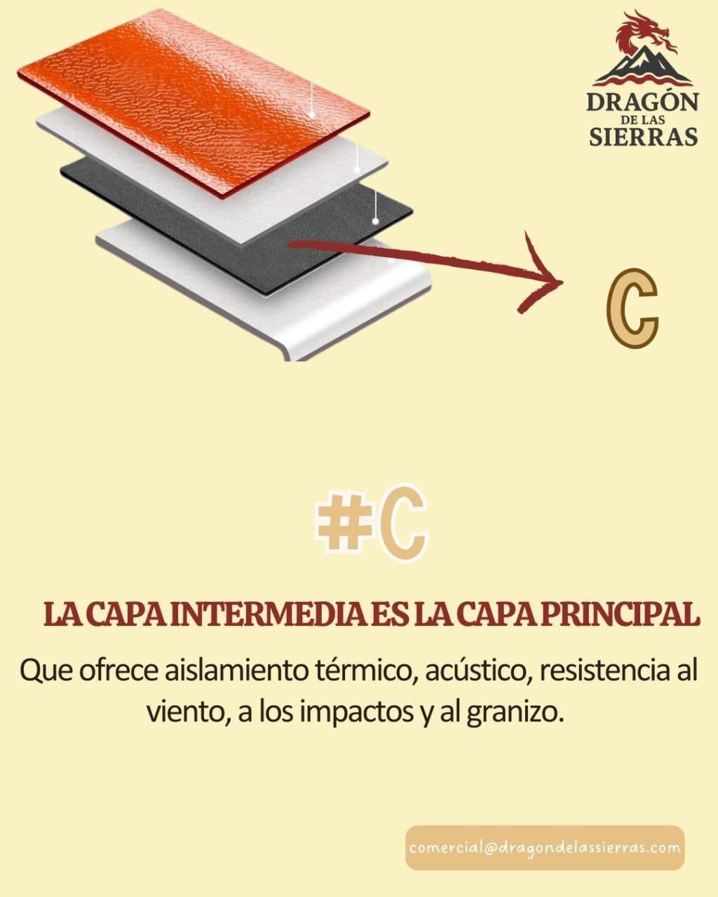 Diagrama que muestra material de techado en capas, resaltando la capa aislante principal.