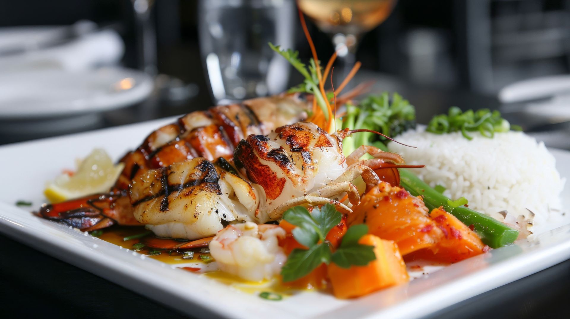 A white plate topped with shrimp , rice and vegetables.