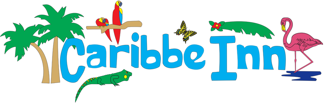 A logo for caribbe inn with flamingos and palm trees