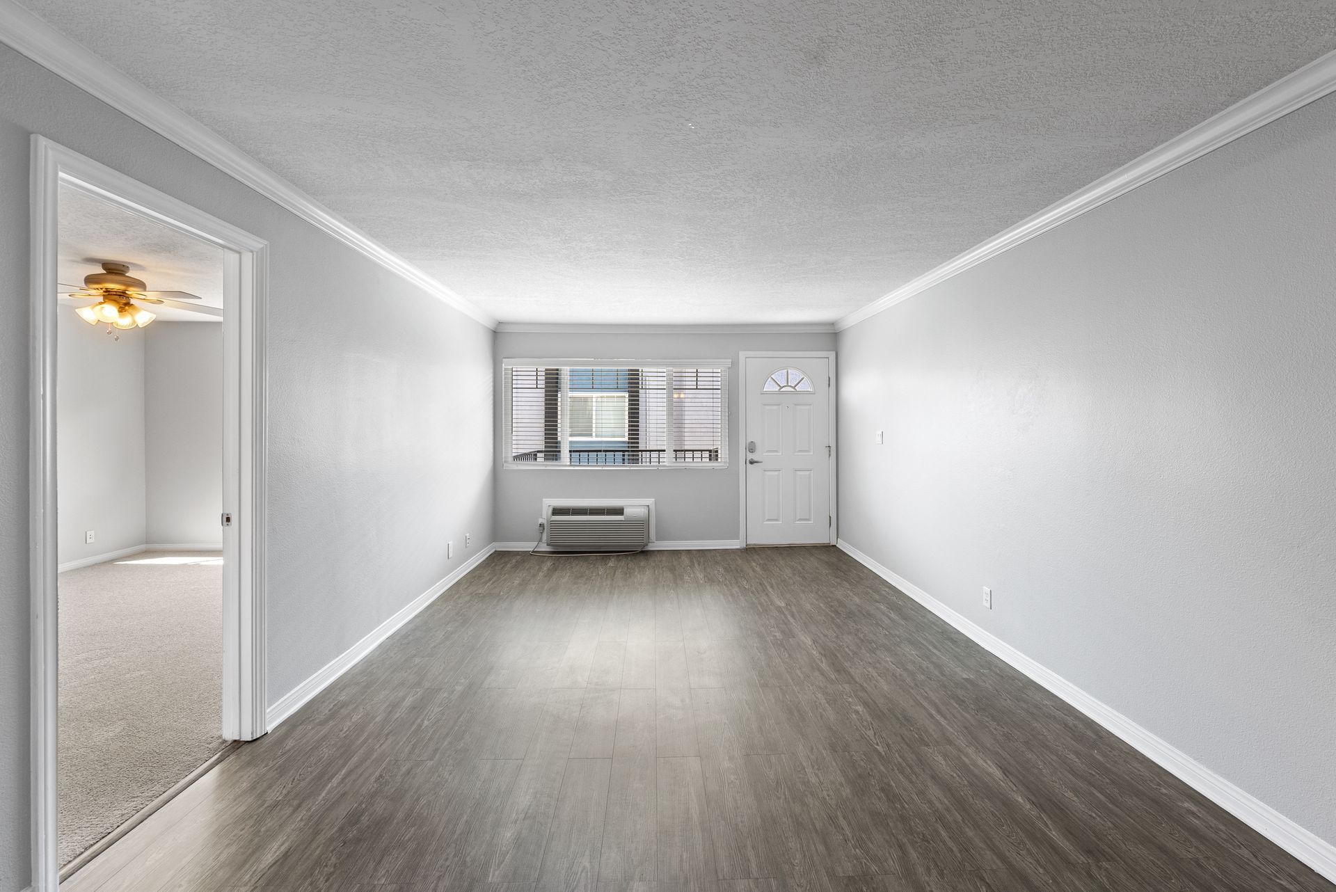 Living room with air conditioning box, front door, and window