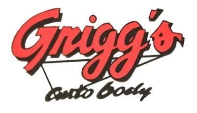 A red and black logo for griggs auto body