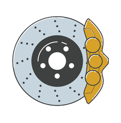 A brake disc with a yellow brake caliper attached to it.