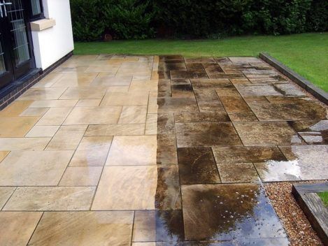A before and after picture of a patio being cleaned