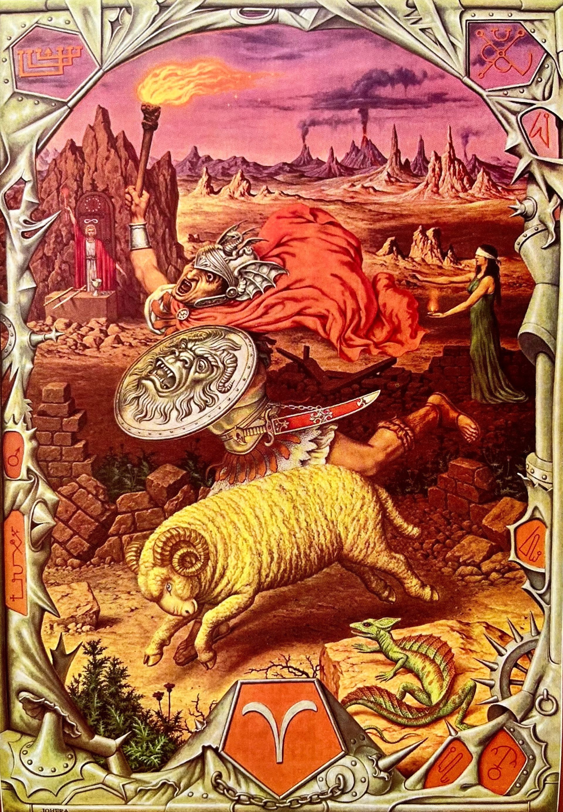 An artistic depiction of the Aries zodiac sign showing a warrior with a torch and shield riding a ram through a landscape.