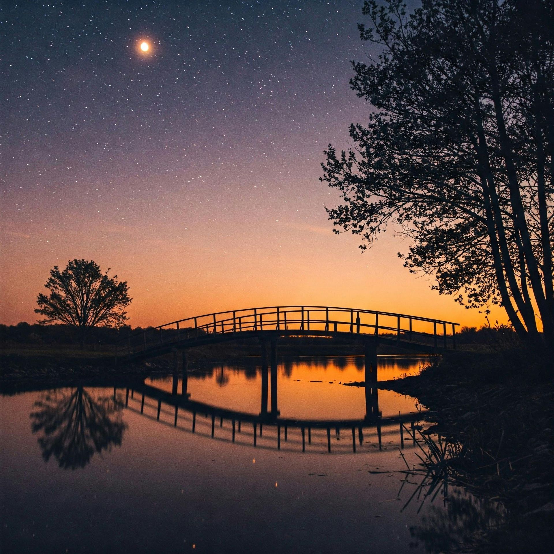 Uma passarela de madeira reflete-se em um lago tranquilo sob um céu estrelado durante um pôr do sol vibrante em tons de laranja e roxo.