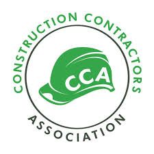 The logo for the construction contractors association has a green hard hat in a circle.