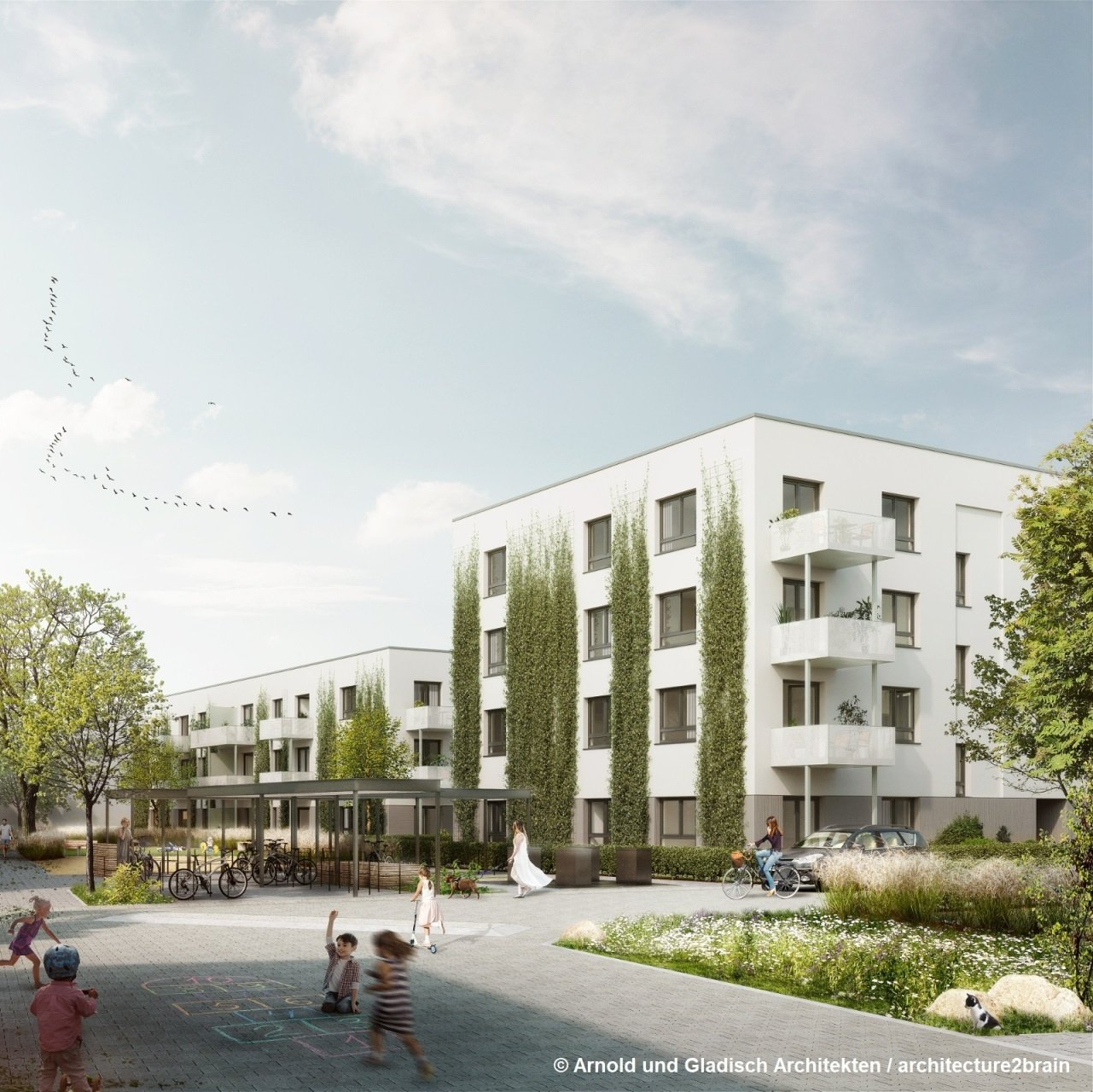 Eine künstlerische Darstellung eines weißen Wohnhauses