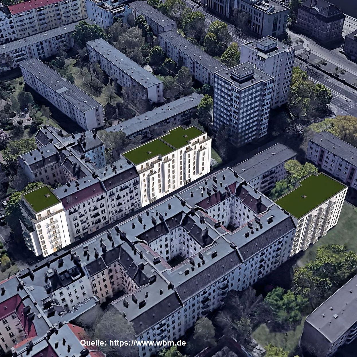 Eine Luftaufnahme einer Stadt mit vielen Gebäuden und Bäumen