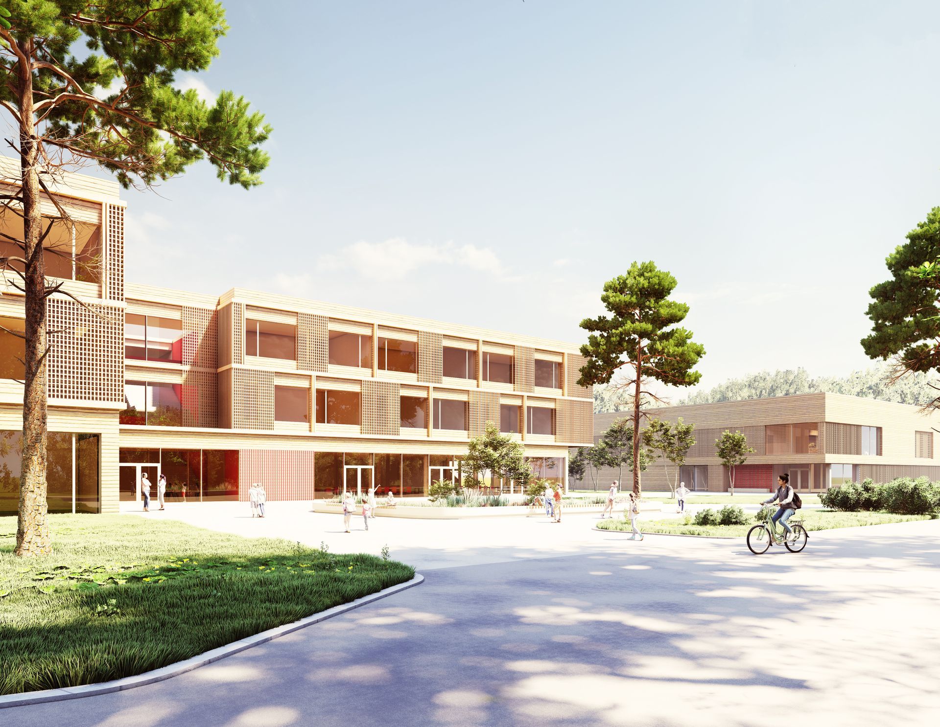 Ein Mann fährt vor einem großen Gebäude Fahrrad.