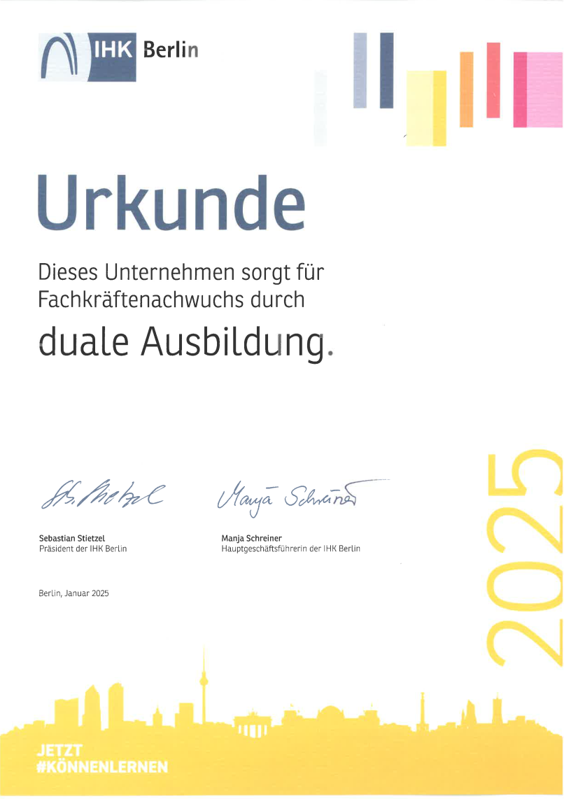 Es handelt sich um eine Bescheinigung mit der Aufschrift „Urkunde duale Ausbildung“.