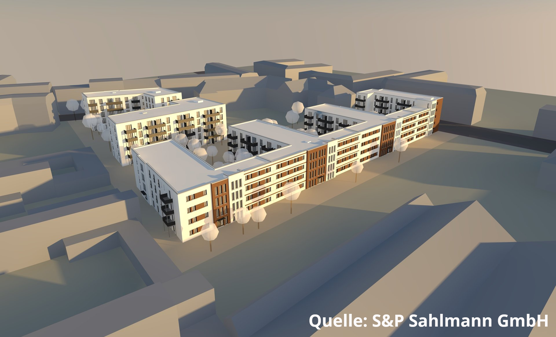 Eine Luftaufnahme eines Gebäudes mit der Aufschrift „Quelle S & P Sahlmann GmbH“