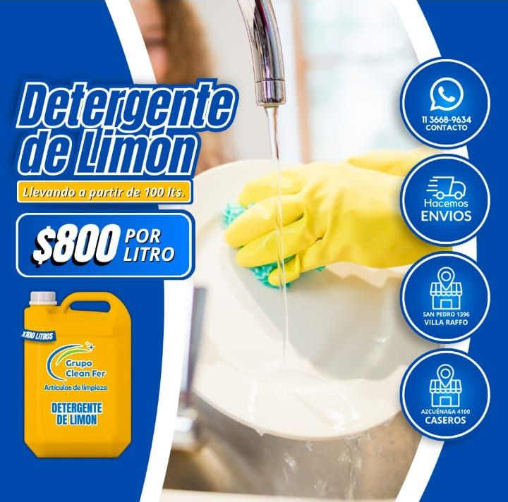 Anuncio de detergente de limón. Una persona lava platos con guantes amarillos. La botella cuesta $800 el litro.