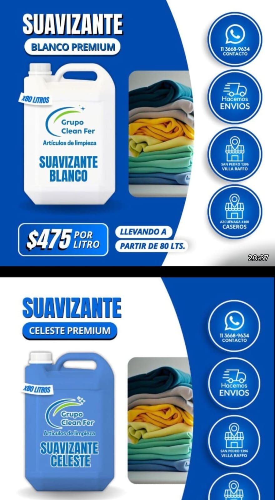 Dos anuncios de suavizante de telas Grupo Clean Sol en color blanco y azul, con precio de $475 el litro.