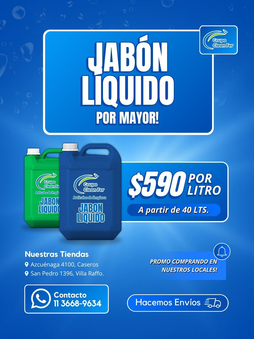 Anuncio de jabón líquido por litro: envases azules y verdes, precios, datos de contacto.