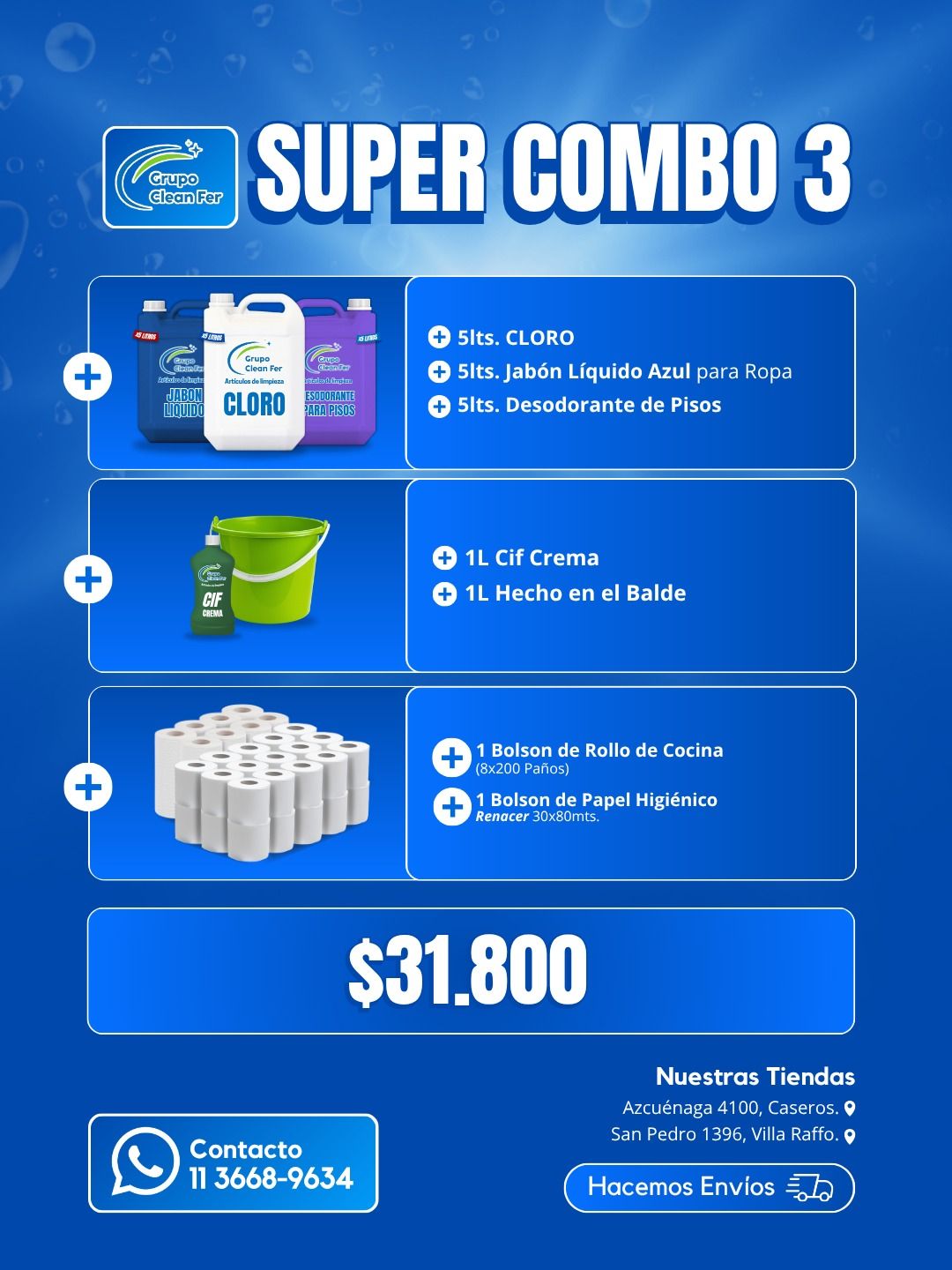 Anuncio de Super Combo 3 con artículos de limpieza. Incluye clorox, jabón, cubeta, toallas y toallitas por $31,800.