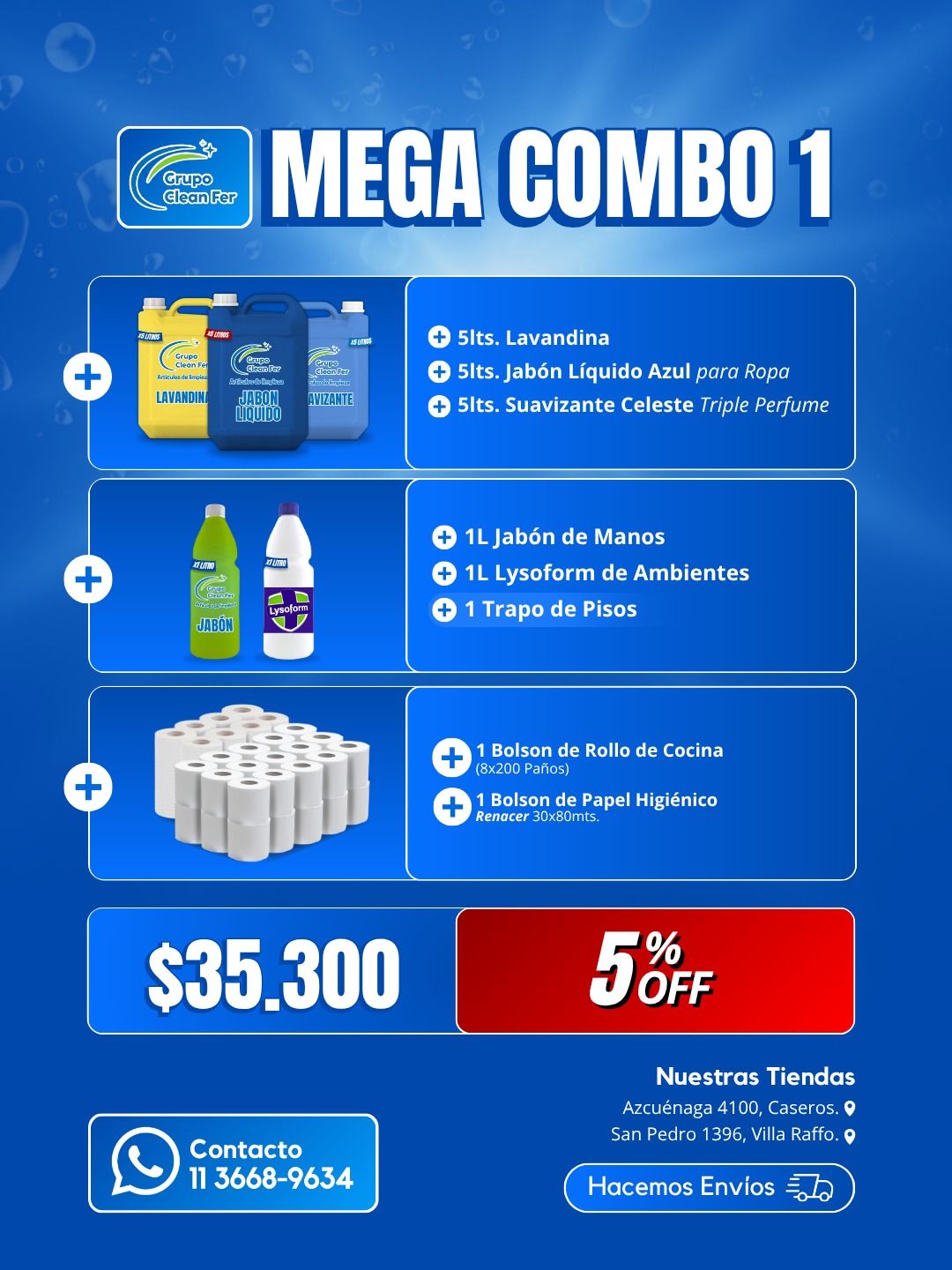 Venta Mega Combo 1 incluye productos de limpieza: detergente para ropa, blanqueador, toallas de papel por $35.300 con 5% de descuento.