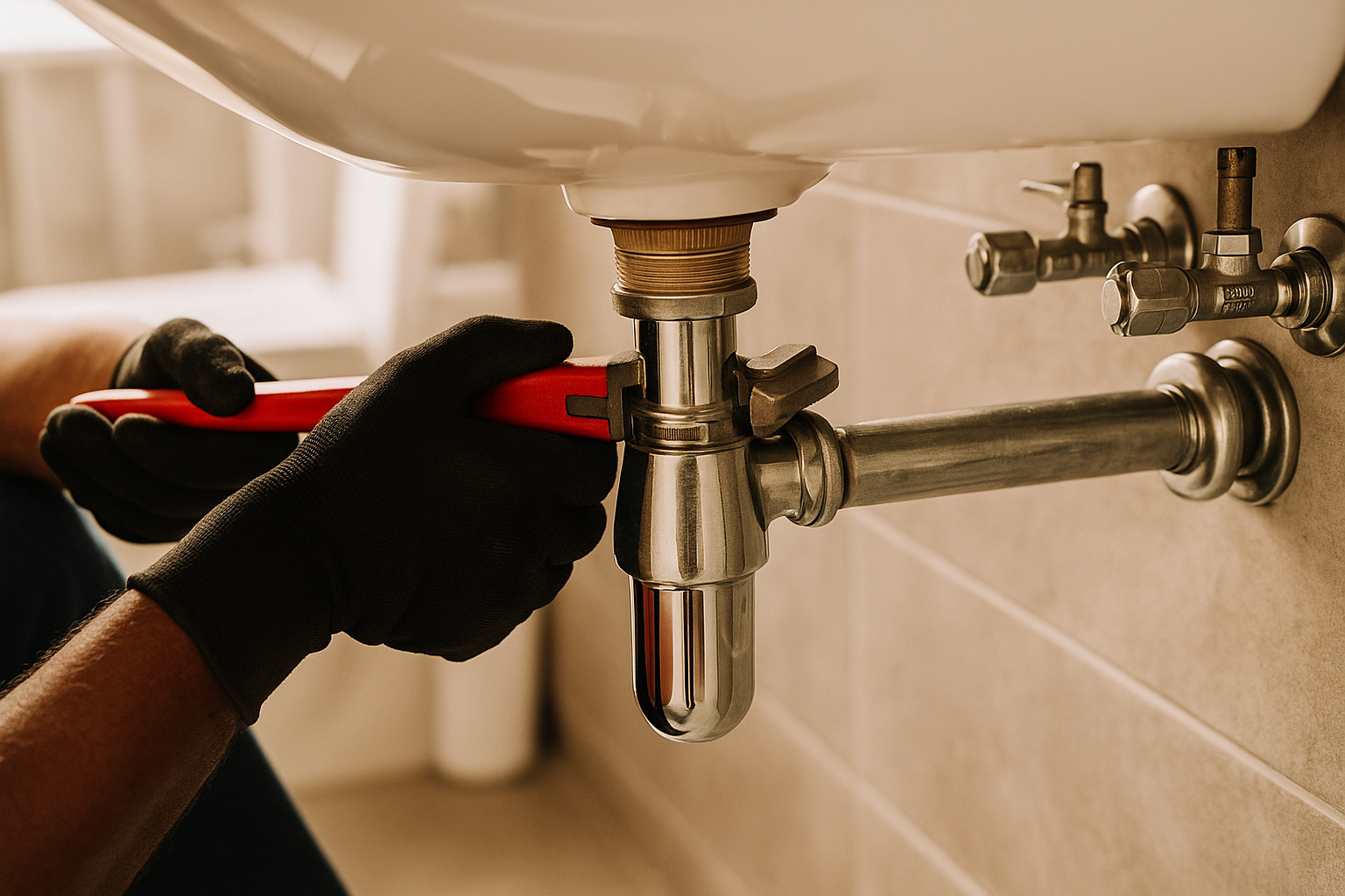 A man is fixing a faucet on a table with tools.