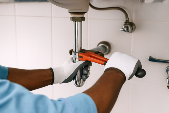 A man is fixing a faucet on a table with tools.
