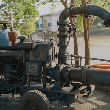A water pump is being used to pump water from a river.