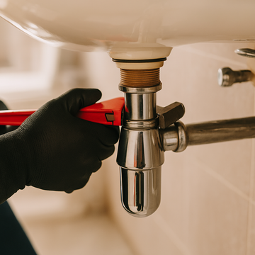 A plumber is fixing a sink pipe with a wrench.