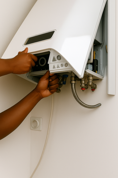 A man is fixing a water heater on the wall.