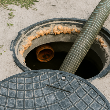 A manhole cover is open and a hose is coming out of it.