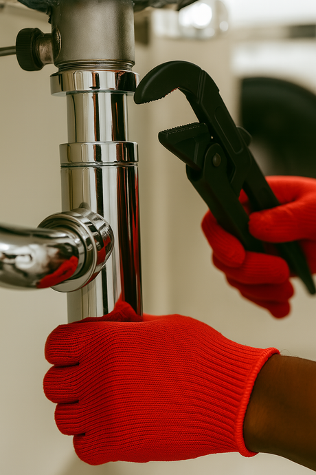 A person is fixing a pipe with a wrench.
