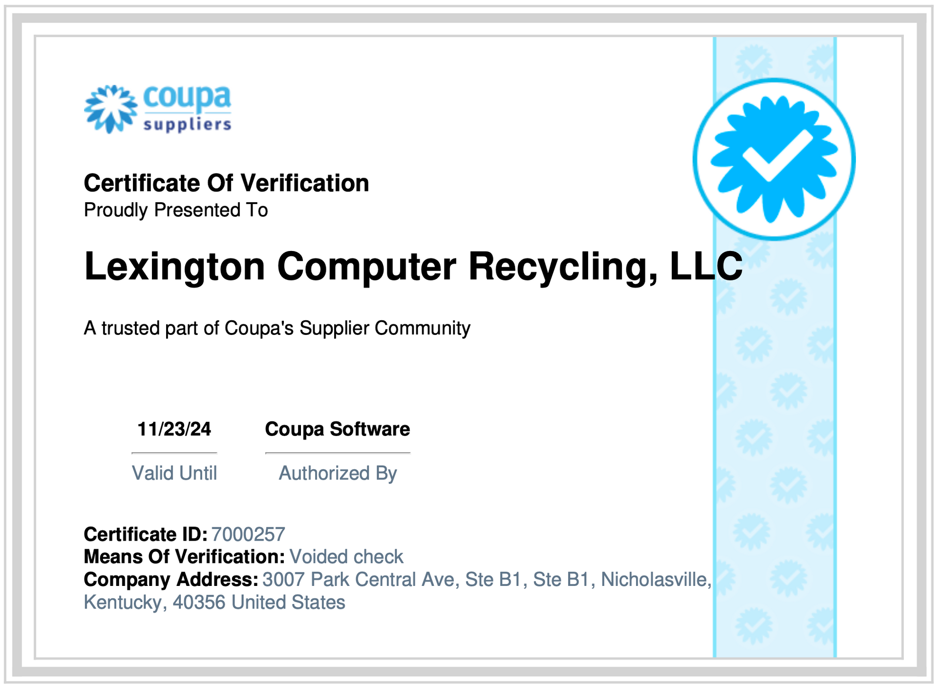 Coupa Suppliers Certificate of Verification, coupa verified computer recycling, coupa electronics recycling supplier, Nicholasville, Kentucky (KY)