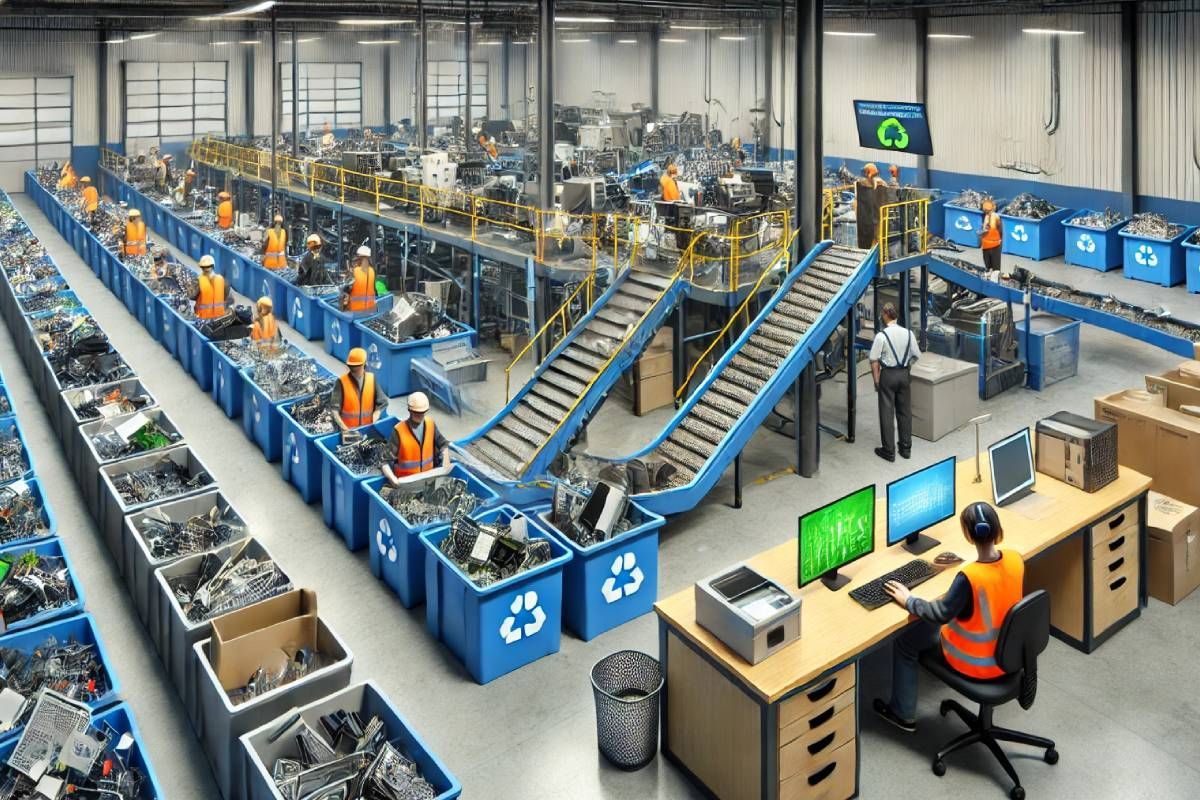 A group of employees in a recycling center production line.