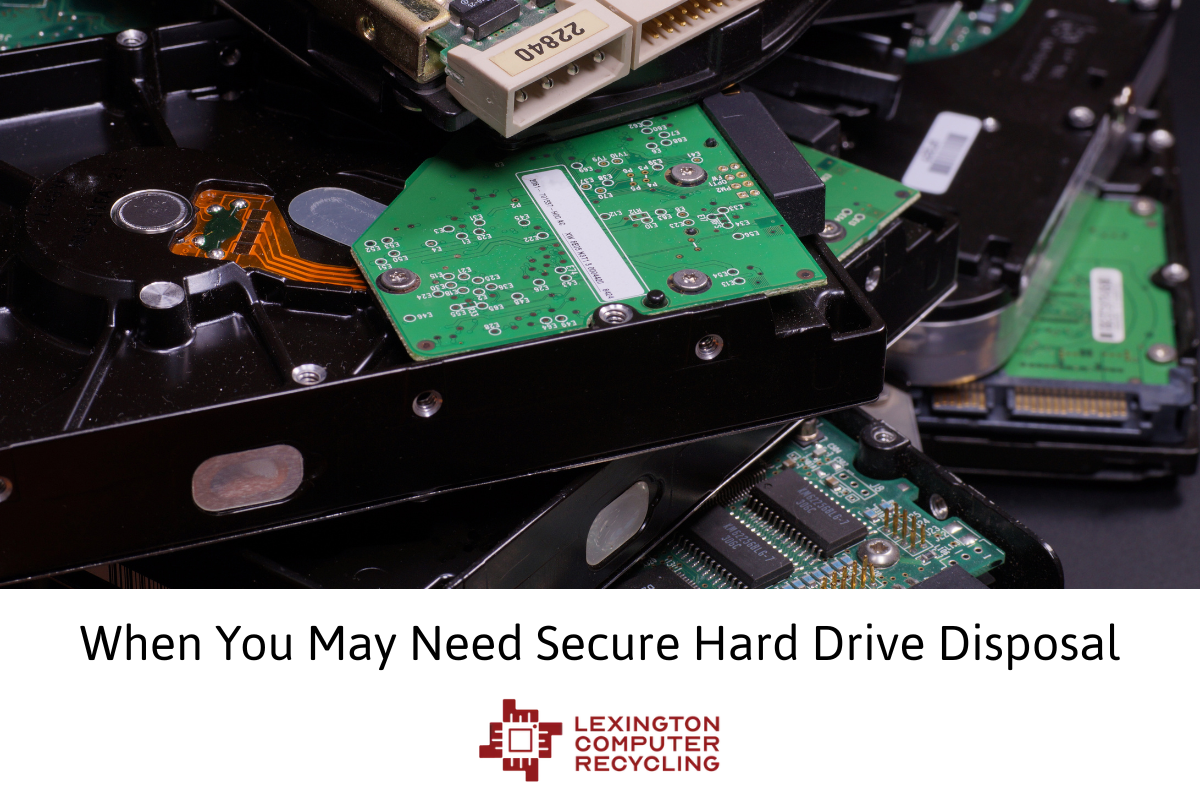 A stack of used hard drives ready to be securely recycled near Lexington, KY