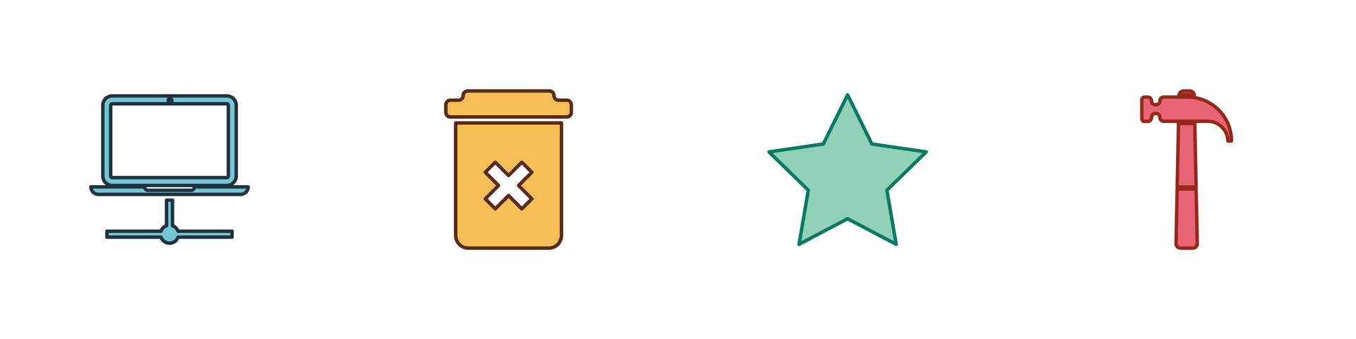 Icons of a computer network, trash can, star, and hammer tool representing the concept of refurbished electronics.