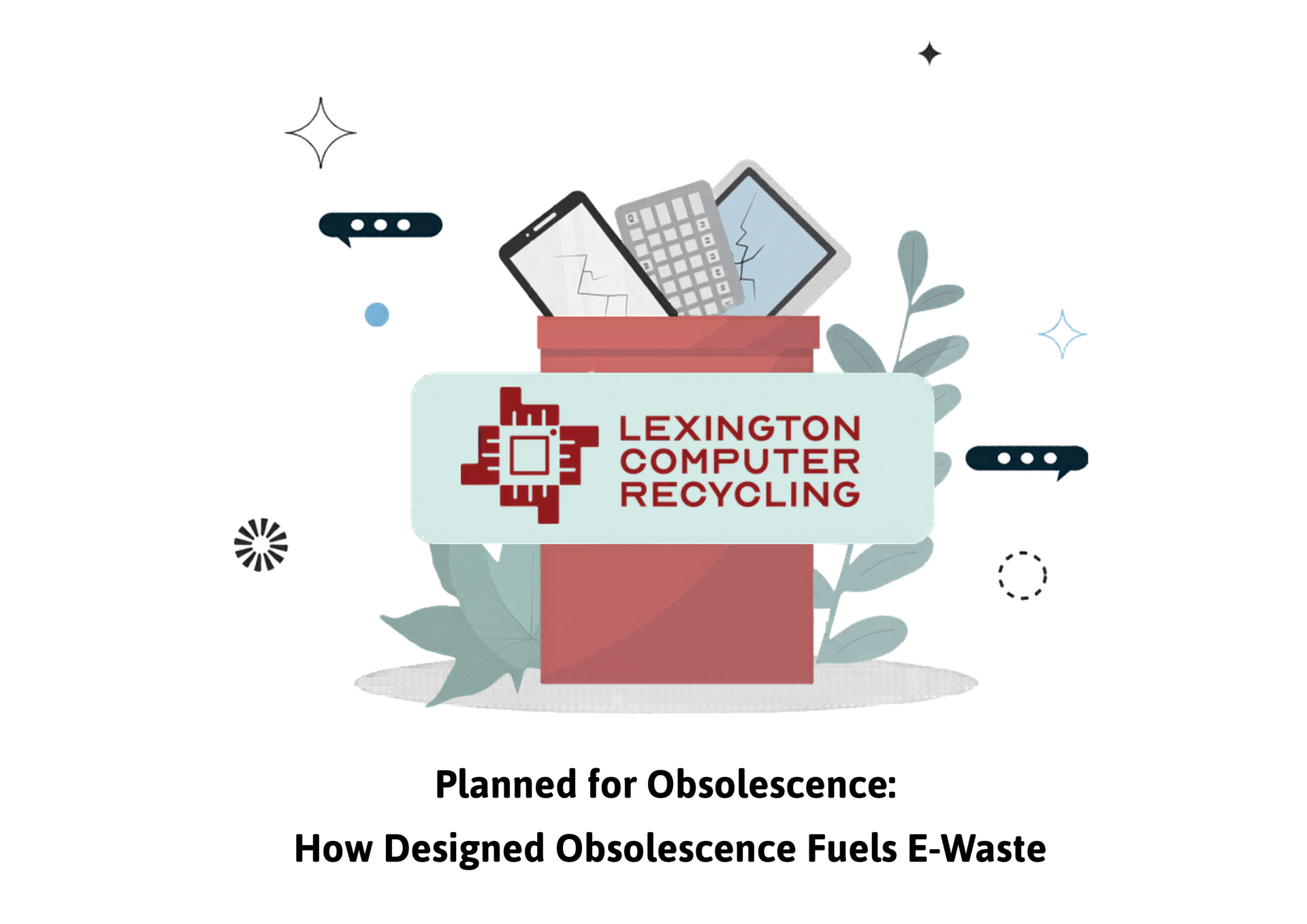 Illustration of broken electronics tossed in a Lexington Computer Recycling bin, symbolizing e-waste