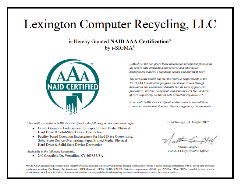 Lexington Computer Recycling’s NAID AAA Certification® from i-SIGMA® for secure data destruction near Lexington. KY