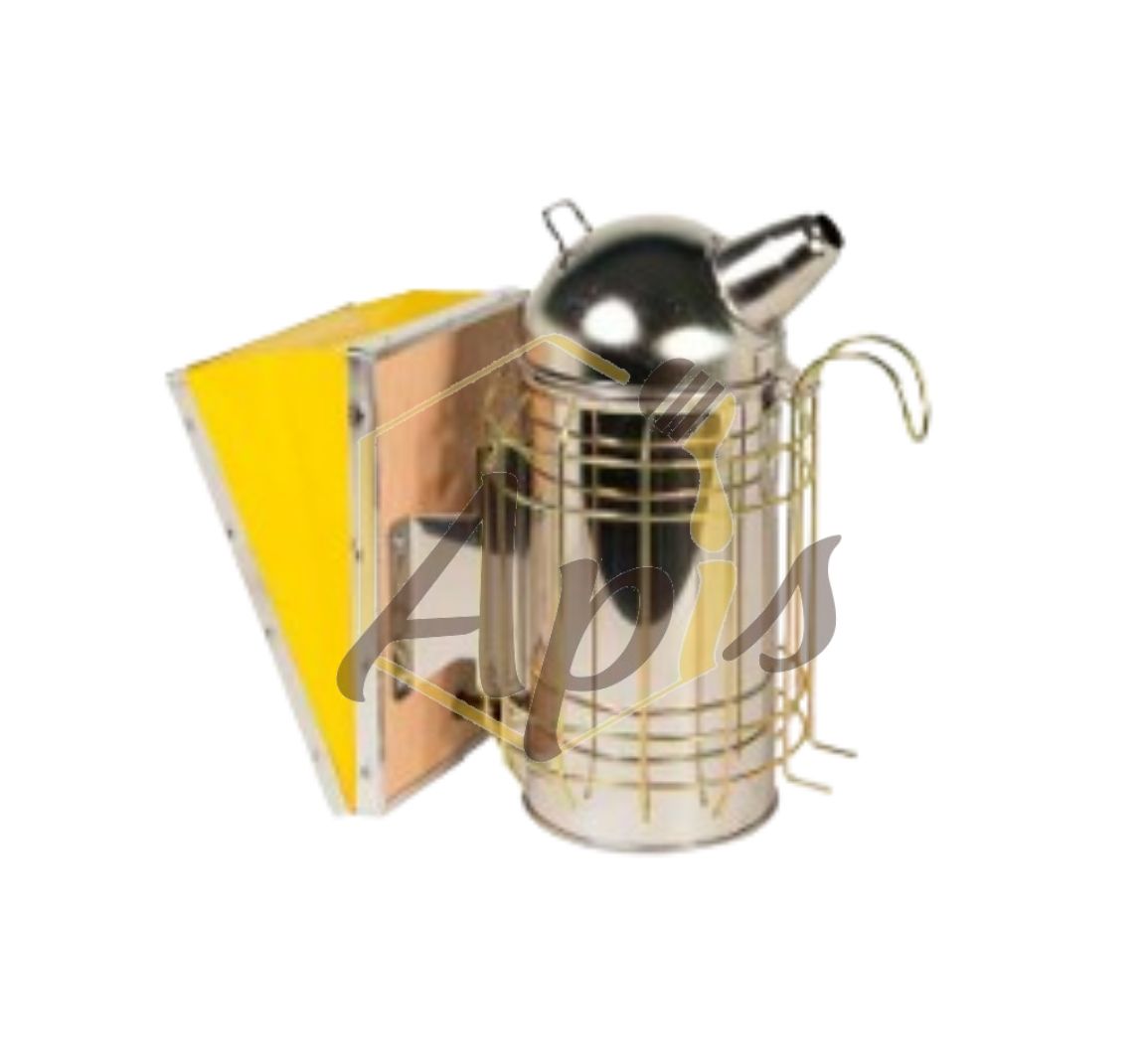 Affumicatore e porta-combustibile per apicoltura, in metallo argentato e tela gialla.